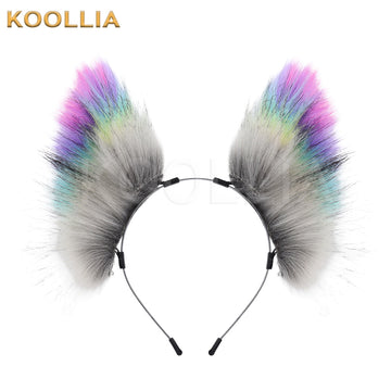Handmade colorful plush animal ear headband Lolita cat fox ear accessory in grey and blue gradient
