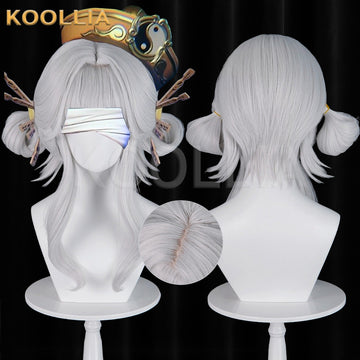 Supernatural Action Team Lily cosplay wig product display, showing a side-by-side front and back view with character accessories and a blindfold. Features a circular inset highlighting the realistic top hair part skin top against a dark background.