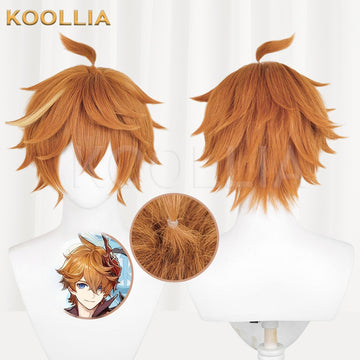 Multi-angle display with accessories of Genshin Impact Tartaglia Warm Orange Short Spiky Basic Wig