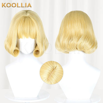 Multi-angle display of Jujutsu Kaisen Kurusu Hana Light Golden Short Curled Bobo Basic Wig
