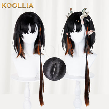 Multi-angle display of Arknights Jiuse Lu black gradient orange-brown realistic scalp layered medium-long basic wig