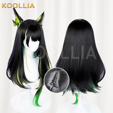 Multi-angle display of Arknights Mon3tr black neon green purple highlight medium-long basic wig
