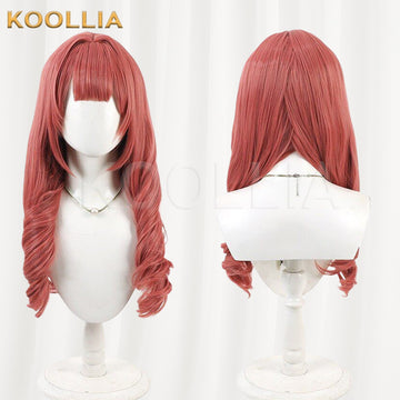Azur Lane Cowpens cosplay wig product display, showing a side-by-side view of the front and back style. The medium-long wig is in a unique bean paste red color, featuring blunt straight bangs and elegant spiral Roman curls framing the front.