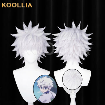 Multi-angle display of Hunter x Hunter Killua short silvery white hair basic wig