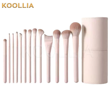 KOOLLIA 13-piece full pink makeup brush set product display, showing all thirteen brushes arranged in size order alongside a matching matte light pink cylindrical storage holder cup.