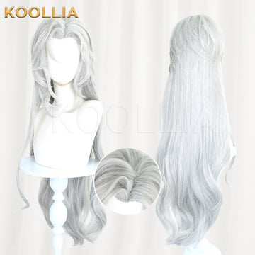 Love and Deepspace Qin Che cosplay wig product display, showing front and back views with an inset close-up of the crown. The long silver-gray wig features a realistic pre-styled M-shaped split hairline at the top, sweeping layered side bangs framing the face, and long, flowing loose waves cascading down the back.