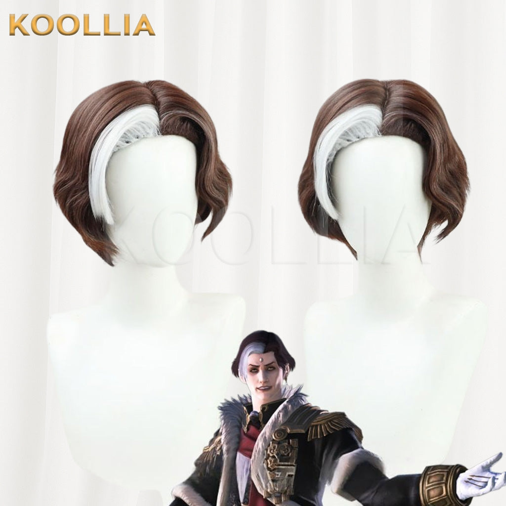Final Fantasy XIV Emet-Selch (Hades) Brown with White Highlight Short Curly Basic Wig