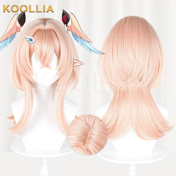 Full set view of Genshin Impact Linnea light pink layered medium length wig with pigtails