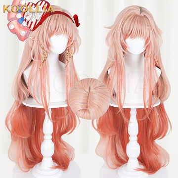 A front view of a long, wavy cosplay wig on two mannequins against a white background, showcasing a pink-to-orange gradient. The left mannequin wears a red and white heart-themed hair accessory, while the right mannequin displays the styled bangs and layered look. A circular inset shows a close-up of the wig's top skin top parting.