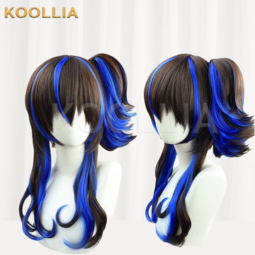 Multi-angle display of Uma Musume Daitaku Helios brown blue highlight pigtail basic wig