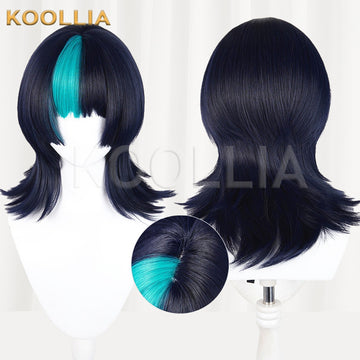 Multi-angle display of Jujutsu Kaisen Kirara Hoshino navy teal highlight mullet basic wig