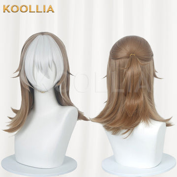 Multi-angle display of Identity V Luca Balsa white brown color block wavy medium long basic wig