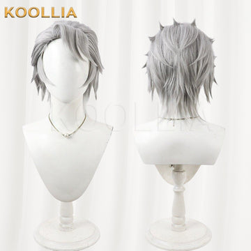 Multi-angle display of Black Butler Wolfram Gelzer gray white fluffy spiky short basic wig