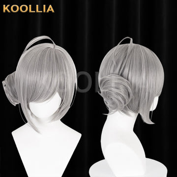 Multi-angle display of Reverse: 1999 Vertin silver gray single side bun basic wig