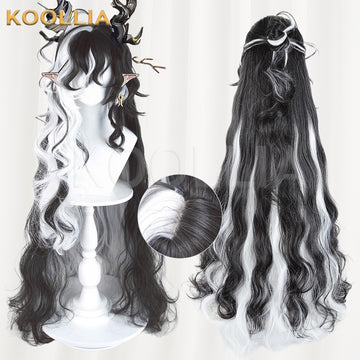 Multi-angle display of Arknights Chong black white highlight extra long wavy basic wig