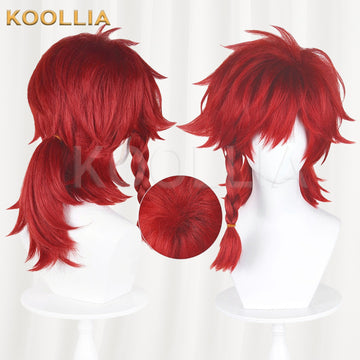 Honor of Kings Pei Qinhu cosplay wig product display, showing a side-by-side view of the styled front and back. The bright ruby red wig features messy spiky layers, a single thin front braid, a low side ponytail, and a circular inset highlighting the crown detail.