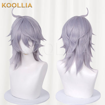 Lock Kingdom Enzo cosplay wig product display, showing a side-by-side front and back view of a silver purple gradient wolf cut. The short styled wig features choppy layers, a curved ahoge on top, and a shaggy layered back.