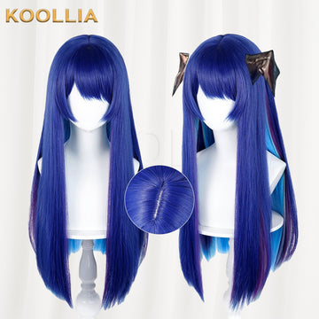 Multi-angle display of Arknights Mostima royal blue inner layer gradient long straight basic wig