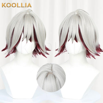 Koollia Garfield Abyss Wraith F·Eroster short silver white cosplay wig with red highlights, front and back view with crown detail