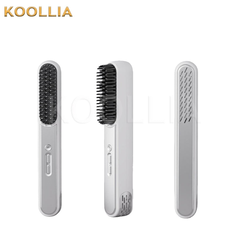Portable cold air hair straightener brush high root styling tool set on plain background