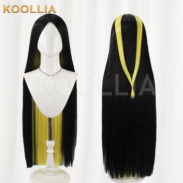 Multi-angle display of Hazbin Hotel Sir Pentious black yellow extra long middle part straight hair basic wig
