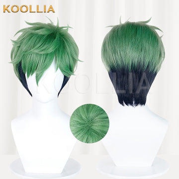 Multi-angle display of Ensemble Stars Kojika Juis green black gradient teased spiky short basic wig
