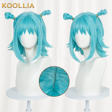 Multi-angle display of Jujutsu Kaisen Kashimo Hajime cyan blue braided bun spiky short basic wig