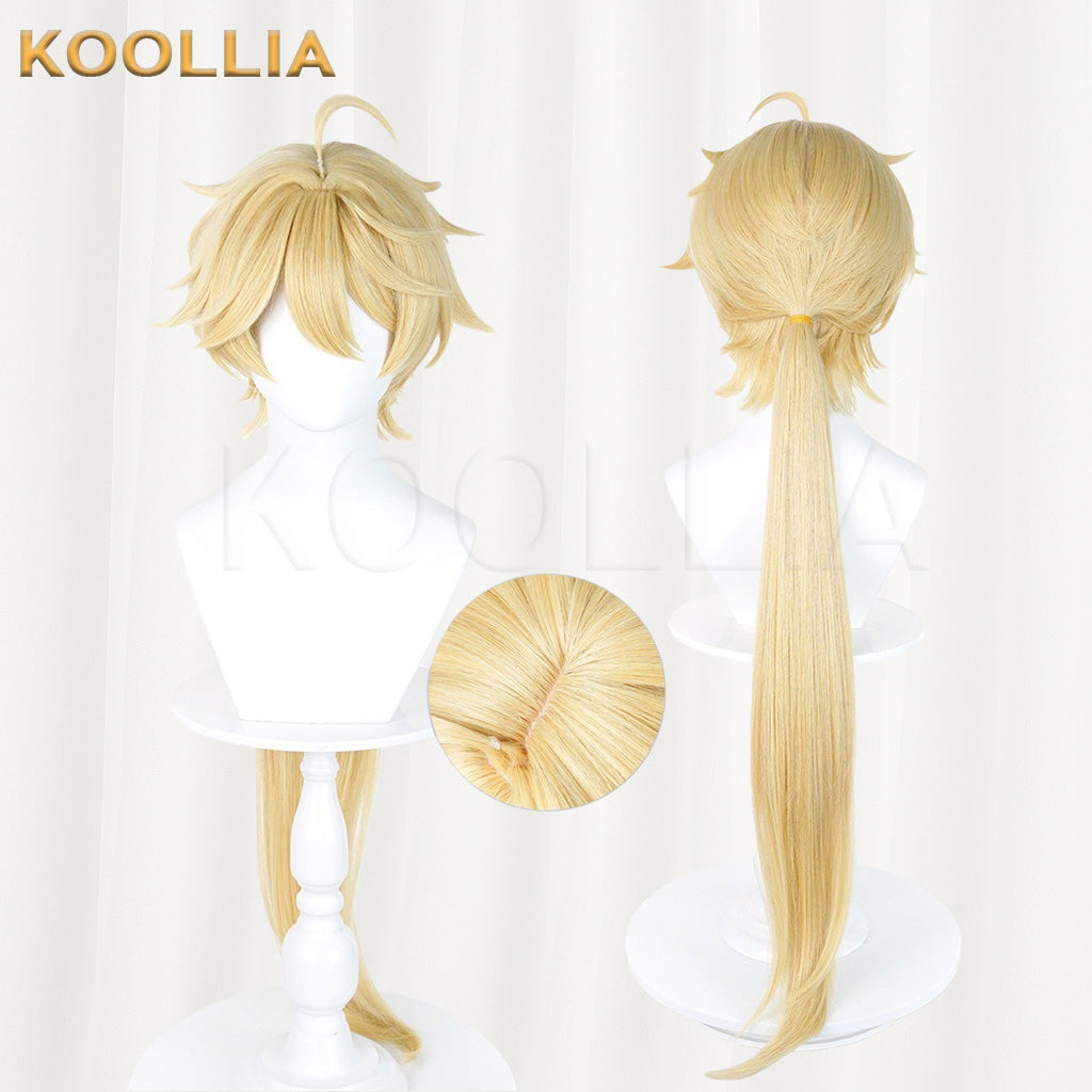 Genshin Impact Traveler Aether Lumine Light Golden Layered Basic Wig