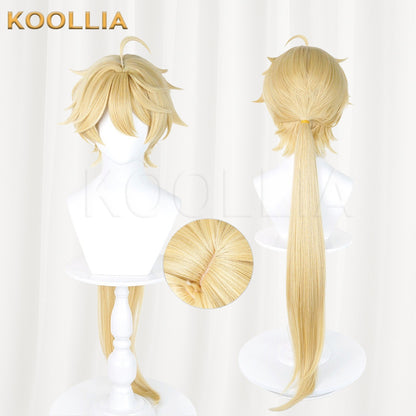 Genshin Impact Traveler Aether Lumine Light Golden Layered Basic Wig