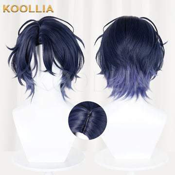 Multi-angle display of Ensemble Stars Kanze Chitose navy blue purple gradient wavy short basic wig