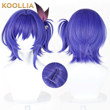 Multi-angle display of Genshin Impact Prune deep purple layered fluffy basic wig
