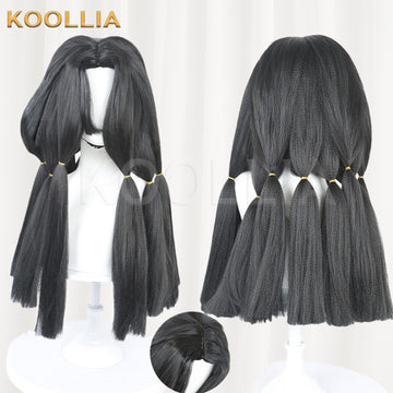 Koollia Garfield Abyss Wraith Jaba long black multi-bundled cosplay wig, front and back view with crown detail
