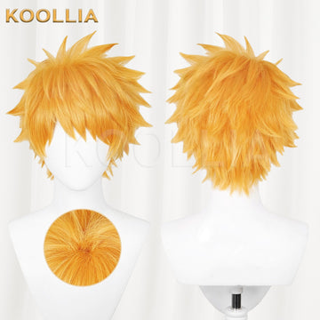 Multi-angle display of BLEACH Ichigo Kurosaki Bright Orange Golden Spiky Short Hair Basic Wig