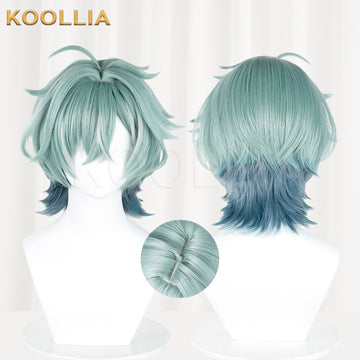 Multi-angle display of Genshin Impact Olorun mint green gradient realistic scalp spiky short basic wig