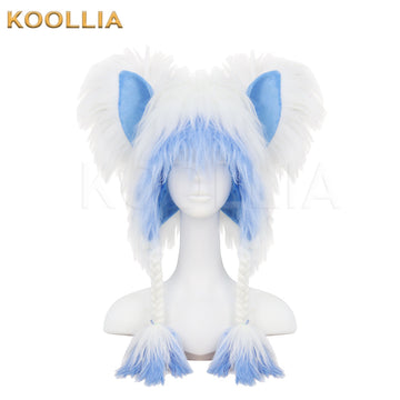 Furry cat ear braided hat Y2K anime animal ear headwear fluffy cosplay cap on plain background