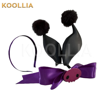 Identity V Bloody Queen Kuromi themed cosplay headwear set on a white background. The set includes a slim black headband, a pair of tall, curved black Kuromi devil ears topped with fluffy black pom-poms, and a wide dark purple satin bow featuring a stylised pink Kuromi skull charm at the center.