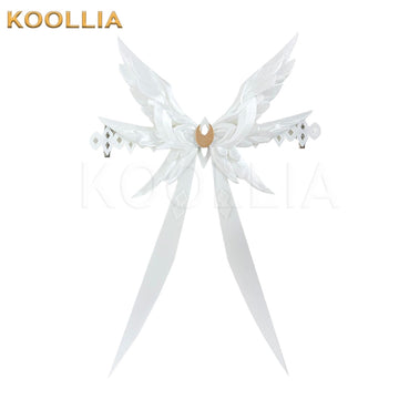 Genshin Impact Columbina cosplay hair ornament display, showing a large white multi-layered wing design. The accessory features pointed white feathery wings flaring upwards and downwards, long trailing white ribbon streamers, and an oval gold gem centerpiece against a white background.