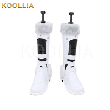 Pretty Derby Oguri Cap cosplay shoes product display, showing a pair of white mid-calf boots on a white background. The shoes feature thick light grey faux fur fleece cuffs at the collar, contrasting black geometric panels along the front shafts, and matching flat white soles.