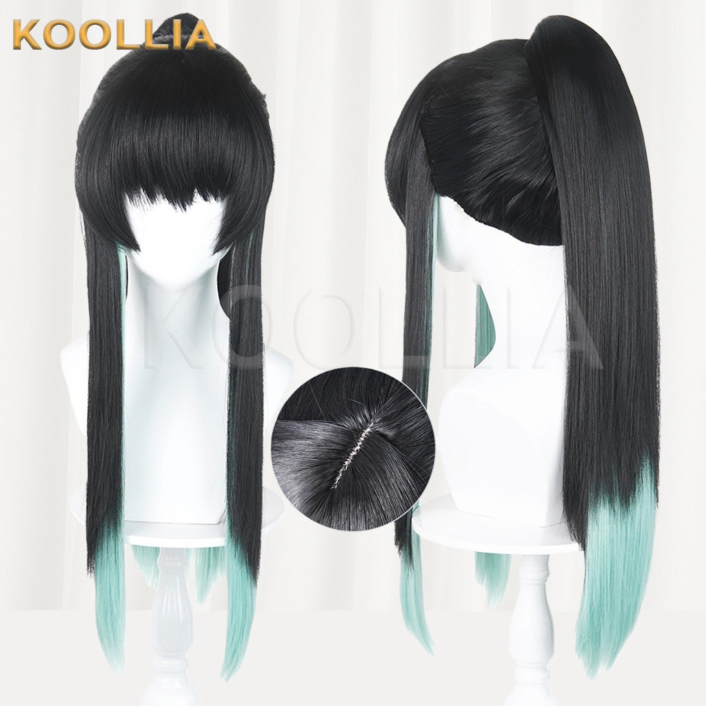 Demon Slayer Tokito Muichiro Black Teal Gradient High Ponytail Basic Wig