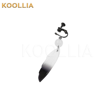 A black and white gradient feather-shaped dangle earring featuring a screw-on clip-on clasp and a small white round bead.