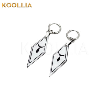 A pair of silver hoop earrings with diamond-shaped dangles featuring a black and white anime-inspired design, displayed on a white background with the "KOOLLIA" brand logo.