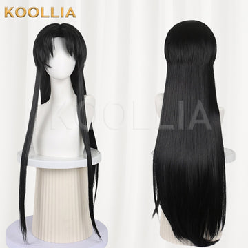 Tou Qi Guai Tan Huai Yunqing cosplay wig product display, showing side-by-side front and back views. The extra-long, solid black Republic-era style wig features textured, center-parted anime bangs framing the forehead, two long slender face-framing side strands, and smooth straight hair cascading down the back.