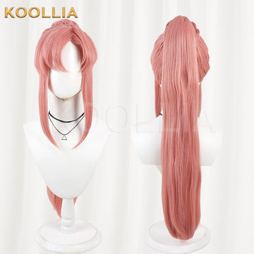 Mobile Suit Gundam SEED Lacus Clyne cosplay wig product display, showing side-by-side front and back views. The dusty pink wig features an arched center parting with unique side-swept loops forming distinct anime side bangs, long face-framing strands, and a pre-styled high ponytail section cascading into an extra-long, straight tail down the back.