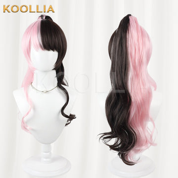 VTuber Tachibana Hinano cosplay wig product display, showing side-by-side front and back views. The long wig features a distinct half-and-half split dye style with pastel pink on the right and dark black on the left, styled into full straight blunt bangs, long curled side locks, and a high-set wavy ponytail cascading down the back.