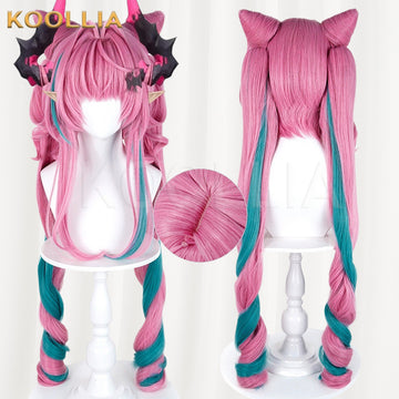 Multi-angle display of Arknights Endfield Evon Long Pink Teal Color Block Hair Basic Wig