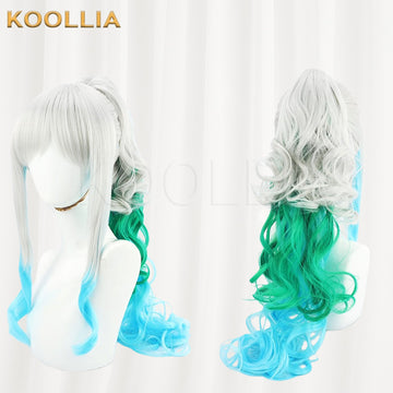 Three-quarter view of One Piece Yamato white green blue gradient multi-layer curly long hair basic wig
