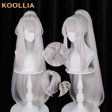 Multi-angle display of Wuthering Waves Freesia Silver Grey Extra Long High Ponytail Basic Wig