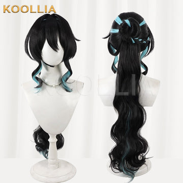 Multi-angle display of Honkai Star Rail Ruan Mei black mint gradient half-up basic wig