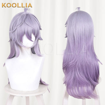 Lock Kingdom Enzo Dark Form cosplay wig product display, showing side-by-side front and back views. The long taro purple wig features textured shaggy bangs, a small top ahoge loop, and layered long waves with a darker purple gradient toward the ends.