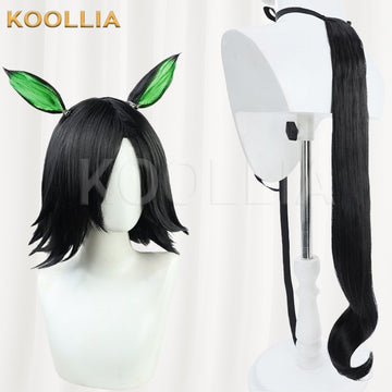 Multi-angle display of Umamusume Pretty Derby Winning Ticket pure black medium short hair basic wig with ribbon